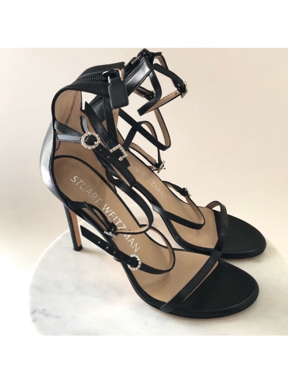 Stuart Weitzman Black Strappy Crystal-Accent Heels